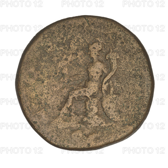 sestertius, Hadrian (76–138; Roman emperor 117–138); obverse: head of Hadrian with laurel wreath facing right; rim inscription: HADRIANVS AVGVSTVS. Reverse: Roma seated left on armor and supported by a shield at the back, wearing a long robe and helmet, holding a figure of Victoria in her right outstretched hand and a cornucopia in her left; rim inscription: COS; in field: SC. Date: 125–128. Roman Empire (27 BC–476); Rome. Coin; weight 23.45 g.