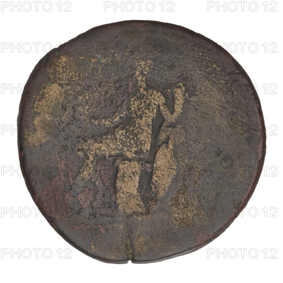 sestertius, Hadrian (76–138; Roman emperor 117–138); Roman Empire (27 BC–476); struck 125–128; Rome. Coin (sestertius), weight 24.16 g. Obverse: head of Hadrian with laurel wreath facing right; rim inscription (erased). Reverse: Roma seated left on a cuirass and supported by a shield at the back, wearing a long robe and helmet, holding a figure of Victoria in her right outstretched hand and a cornucopia in her left; rim inscription erased; field mark: SC. Subjects/icons: Roma (mythology), laurel wreaths, cornucopias, heads, shields.