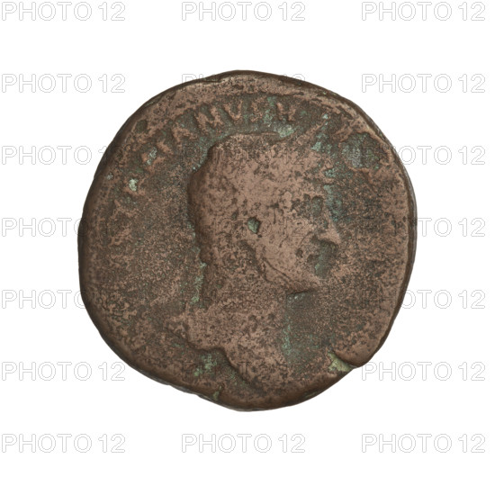 Hadrian (76–138; Roman emperor 117–138). Coin (119–138). Obverse: Bust of Hadrian with laurel wreath facing right; rim inscription IMPCAESARTRAIANVSH. Reverse: Pietas (personification) standing left, wearing a long robe, holding a patera over the altar in her right hand, left hand at her chest; rim inscription illegible. Roman Empire (27 BC–476). Rome. Weight: 11.16 g.