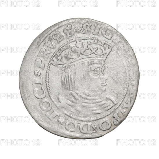 Prussian grosz, Sigismund I the Old (King of Poland; 1506–1548). Obverse: Crowned male bust in profile turned to the right, in the rim between pearly borders an inscription: .SIG, .PO.DO.TOCI.PRVSS. Reverse: The Eagle of Royal Prussia, in the rim between the pearl borders the inscription: OSS.COMV., RR.PRVSS. 1528. Torun, Poland. Coin.