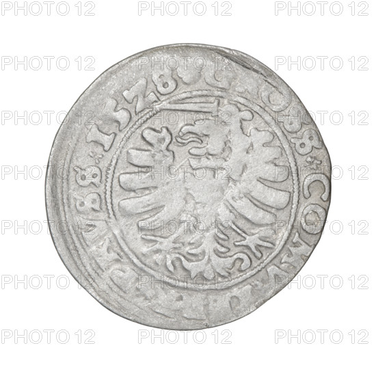 Prussian grosz, Sigismund I the Old (King of Poland; 1506–1548). Obverse: Crowned male bust in profile turned to the right; rim between pearly borders with inscription '.SIG, .PO.DO.TOCI.PRVSS'. Reverse: The Eagle of Royal Prussia; rim between pearl borders with inscription 'OSS.COMV., RR.PRVSS. 15Z8'. 1528, Torun, Poland. Subjects/emblems: eagles, Polish coins, Jagiellonian dynasty, emblems, Eagle (emblem), male/royal bust; iconography of Sigismund I the Old. Material: coin.