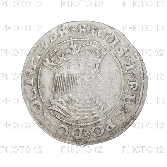 Prussian grosz, Sigismund I the Old (King of Poland; 1506–1548). Obverse: Crowned male bust in profile turned to the right; in the rim between pearly borders an inscription: .SIGIS.I.REX.PO.DO., OCI.PRVSS Rw. Reverse: The Eagle of Royal Prussia; in the rim between the pearl borders the inscription: .GROSS.COMV.TERR.PRVSS.15Z8. 1528, Torun, Poland. Styles/topics: eagles, Polish coins, Jagiellonians (dynasty), emblems, Eagle (emblem), male/royal bust; iconography of Sigismund I the Old (1467–1548).