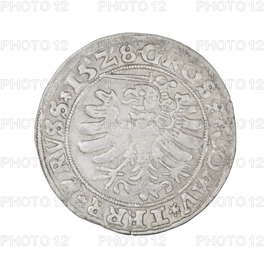 Prussian grosz, Sigismund I the Old (King of Poland; 1506–1548); 1528; Torun, Poland. Obv.: Crowned male royal bust in profile turned to the right, rim between pearly borders with inscription '.SIGIS.I.REX.PO.DO., OCI.PRVSS Rw.' Rev.: The Eagle of Royal Prussia, rim between pearly borders with inscription '.GROSS.COMV.TERR.PRVSS.15Z8.' Subjects/emblems: eagles, Jagiellonian dynasty, emblems, male/royal bust; materials/style: coin; iconography: Sigismund I the Old.