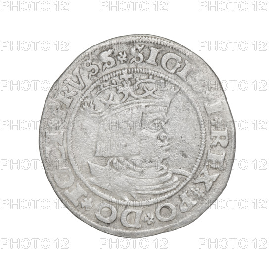Prussian grosz, Sigismund I the Old (King of Poland; 1506–1548). Obverse: Crowned male bust in profile turned to the right; in the rim between the pearl borders an inscription: .SIGI, I.REX.PO.DO.TOCI., RVSS Rw. Reverse: The Eagle of Royal Prussia; in the rim between the pearl borders the inscription: .GROSS.COM, ERR.PRVS, .15Z8, 1528. Torun, Poland; coin.