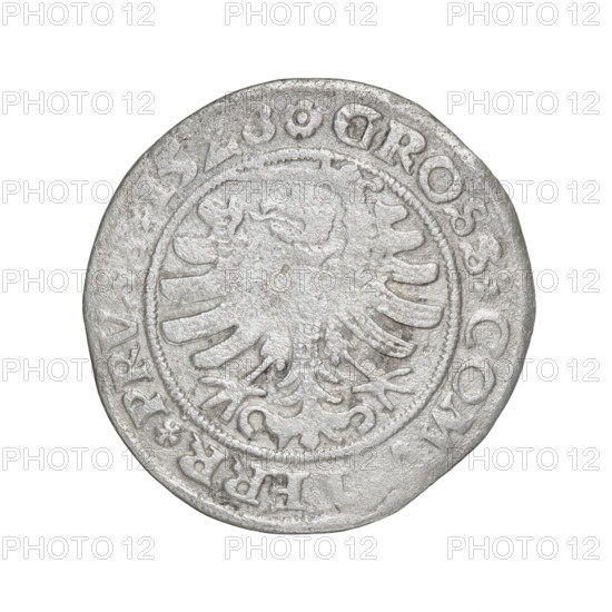 Prussian grosz, Sigismund I the Old (King of Poland; 1506–1548). Obverse: Crowned male bust in profile turned to the right, in the rim between the pearl borders an inscription: .SIGI, I.REX.PO.DO.TOCI., RVSS Rw. Reverse: The Eagle of Royal Prussia, in the rim between the pearl borders the inscription: .GROSS.COM, ERR.PRVS, .15Z8. Date: 1528. Place: Torun, Poland. Subjects/keywords: eagles, Polish coins, Jagiellonians (dynasty), emblems, Eagle (emblem), male busts, royal bust, Sigismund I the Old — iconography. Materials/format: coin.