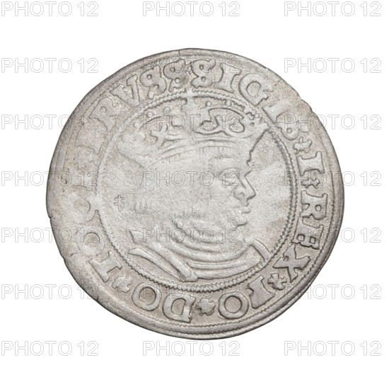Prussian grosz, Sigismund I the Old (King of Poland; 1506–1548). Obverse: Crowned male bust in profile turned to the right; in the rim between the pearl borders an inscription: .SIGIS.I.REX.PO.DO.TOCI.PRVSS. Reverse: The Eagle of Royal Prussia; in the rim between the pearl borders the inscription: .GROSS.COMV.TERR.PRVSS. 1528, Torun, Poland, coin.