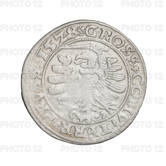 Prussian grosz, Sigismund I the Old (King of Poland; 1506–1548). Obverse: Crowned male bust in profile turned to the right, in the rim between the pearl borders an inscription: .SIGIS.I.REX.PO.DO.TOCI.PRVSS. Reverse: The Eagle of Royal Prussia, in the rim between the pearl borders the inscription: .GROSS.COMV.TERR.PRVSS. Date: 1528. Place: Torun, Poland. Subject/themes: eagles, Polish coins, Jagiellonians (dynasty), coats of arms, Eagle (coat of arms), male busts, royal bust, Sigismund I the Old — iconography. Material/function: coin.
