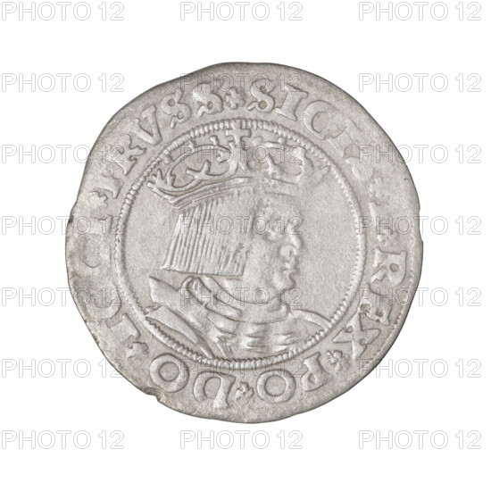 Prussian grosz, Sigismund I the Old (King of Poland; 1506–1548). Obverse: Crowned male bust in profile turned to the right; in the rim between pearly borders an inscription: .SIGI, .REX.PO.DO., RVSS. Reverse: The Eagle of Royal Prussia; in the rim between the pearly borders the inscription: GR, SS.COMV.TER, RVS, .1528. Dated 1528, Torun, Poland.