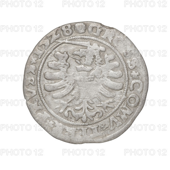 Prussian grosz, Sigismund I the Old (King of Poland; 1506–1548). Obverse: Crowned male bust in profile turned to the right, in the rim between pearly borders an inscription: .SIGI, .REX.PO.DO., RVSS Rw. Reverse: The Eagle of Royal Prussia, in the rim between the pearl borders the inscription: GR, SS.COMV.TER, ., RVS, .15Z8, 1528, Torun, Poland. Subjects/emblems: eagles, Jagiellonians (dynasty), emblems, Eagle (emblem), male busts, royal bust; iconography of Sigismund I the Old. Materials/style: coin.