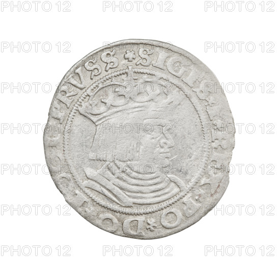 Prussian grosz, Sigismund I the Old (King of Poland; 1506–1548); 1528; Torun, Poland. Obverse: Crowned male bust in profile turned to the right, in the rim between pearly borders an inscription: .SIGIS.I.REX.PO.DO.TOCI.PRVSS Rw. Reverse: The Eagle of Royal Prussia, in the rim between the pearl borders the inscription: .GROSS.COMV., ERR.PRVSS.15Z8. Subjects/emblems: eagles, Polish coins, Jagiellonian dynasty, emblems, Eagle (emblem), male/royal bust, iconography of Sigismund I the Old. Materials/function: coin.