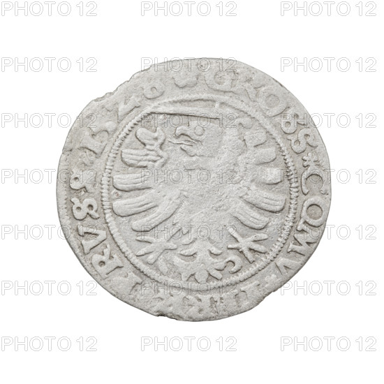 Prussian grosz, Sigismund I the Old (King of Poland; 1506–1548), 1528, Torun, Poland; Obverse: Crowned male bust in profile turned to the right, in the rim between pearly borders an inscription: .SIGIS.I.REX.PO.DO.TOCI.PRVSS Rw.; Reverse: The Eagle of Royal Prussia, in the rim between the pearl borders the inscription: .GROSS.COMV., ERR.PRVSS.15Z8.