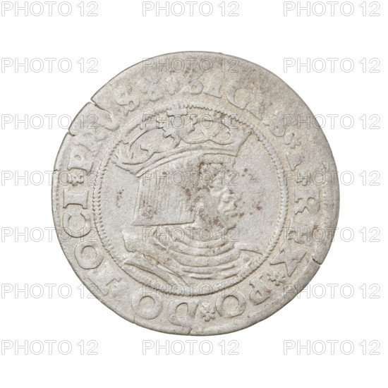 Prussian grosz, Sigismund I the Old (King of Poland; 1506–1548); 1528, Torun, Poland. Obverse: Crowned royal bust of Sigismund I in profile facing right, rim inscription SIREX.PO.DO.TOCI.PRVS between pearl borders. Reverse: The Eagle of Royal Prussia, rim inscription G.OSS.COMV.TERR.PRVS.15Z8 between pearl borders. Subjects/emblems: eagles, emblems, royal/male busts; dynasty: Jagiellonians. Materials/function: coin.