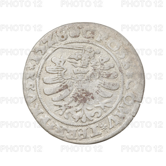 Prussian grosz, Sigismund I the Old (King of Poland; 1506–1548). Obverse: crowned male bust in profile turned to the right; in rim between pearl borders inscription: SIREX.PO.DO.TOCI.PRVS. Reverse: the Eagle of Royal Prussia; in rim between pearl borders inscription: G.OSS.COMV.TERR.PRVS. 1528. Torun, Poland. Coin.