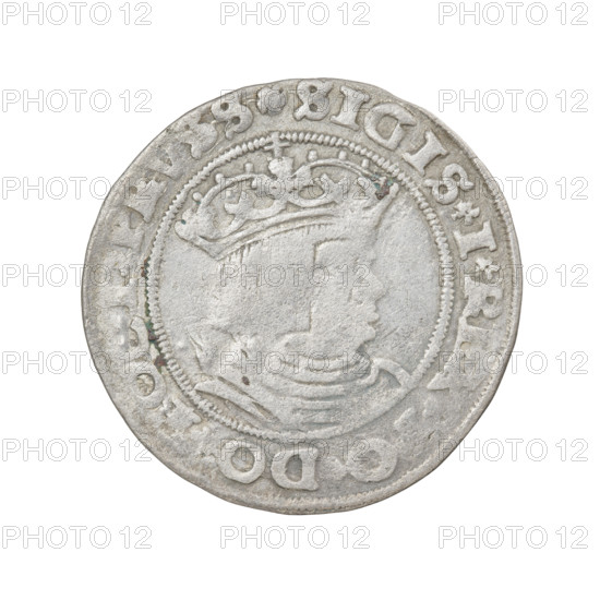 Prussian grosz, Sigismund I the Old (King of Poland; 1506–1548); obverse: crowned male bust in profile facing right with rim inscription '.SIGIS.IR, DO, OCI.PRVSS'; reverse: the Eagle of Royal Prussia with rim inscription '.GROSS.COMV.T, RVSS.15Z8, 1528'; Torun, Poland; coin; iconography includes eagles, Jagiellonian dynasty emblems, royal bust of Sigismund I the Old (1467–1548).