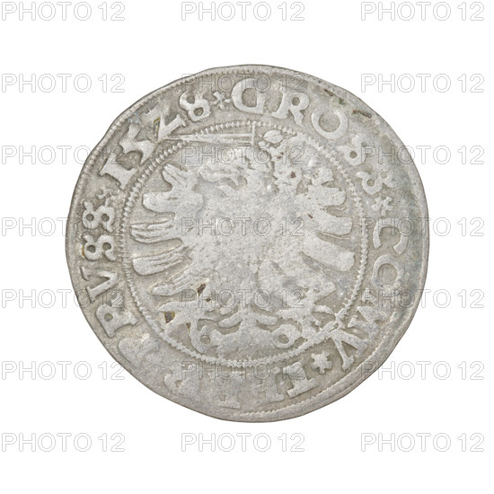 Prussian grosz, Sigismund I the Old (King of Poland; 1506–1548), 1528. Obverse: Crowned male bust in profile turned to the right, rim between pearl borders with inscription '.SIGIS.IR, DO, OCI.PRVSS Rw.' Reverse: The Eagle of Royal Prussia, rim between pearl borders with inscription '.GROSS.COMV.T, RVSS.15Z8.' Torun, Poland. Subjects/attributes: eagles, Polish coins, Jagiellonians (dynasty), emblems, Eagle (emblem), male busts, royal bust, Sigismund I the Old — iconography. Materials/function: coin.
