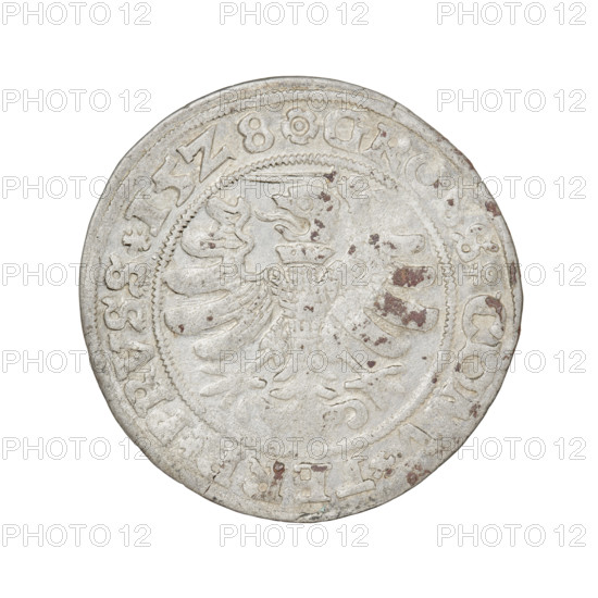 Prussian grosz, Sigismund I the Old (King of Poland; 1506–1548). Obverse: Crowned male bust in profile turned to the right, in the rim between the pearl borders an inscription: SIGIS.I.REX.PO.DO.TOCI.PRVSS. Reverse: The Eagle of Royal Prussia, in the rim between the pearl borders the inscription: .GROSS.COMV.TERR.PRVSS. Date: 1528. Mint: Torun, Poland. Subjects/ motifs: eagles, emblems, male/royal bust, Jagiellonian dynasty; iconography of Sigismund I the Old. Material: coin.