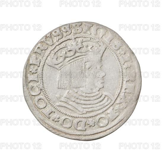 Prussian grosz, Sigismund I the Old (King of Poland; 1506–1548); 1528. Obverse: Crowned male bust in profile turned to the right, rim inscription: SIGIS.I.REX.PO.DO.TOCI.PRVSS Rw. Reverse: The Eagle of Royal Prussia, rim inscription: .GROSS.COMV.TERR.PRVSS.15Z8. Coin struck in Torun, Poland.