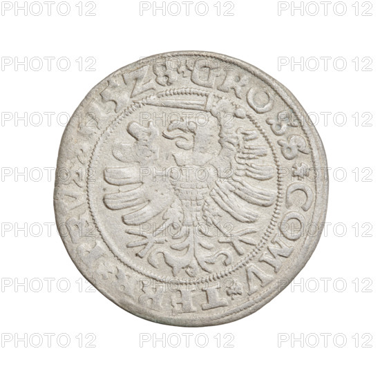 Prussian grosz, Sigismund I the Old (King of Poland; 1506–1548), 1528. Obverse: Crowned male bust in profile turned to the right with inscription in the rim between pearl borders: SIGIS.I.REX.PO.DO.TOCI.PRVSS Rw. Reverse: The Eagle of Royal Prussia with inscription in the rim between pearl borders: .GROSS.COMV.TERR.PRVSS. Coin minted in Torun, Poland.