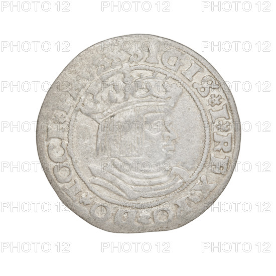 Prussian grosz, Sigismund I the Old (King of Poland; 1506–1548); 1528, Torun, Poland. Obverse: crowned male bust in profile facing right, rimed by pearl borders with inscription 'IGIS.I.REX.PO.DO.TOCI.' Reverse: the Eagle of Royal Prussia, rimed by pearl borders with inscription '.GROSS.COMV.TERR.' Subject/attributes: Polish coin, Jagiellonian dynasty, emblems, eagle emblem, royal/male bust, iconography.