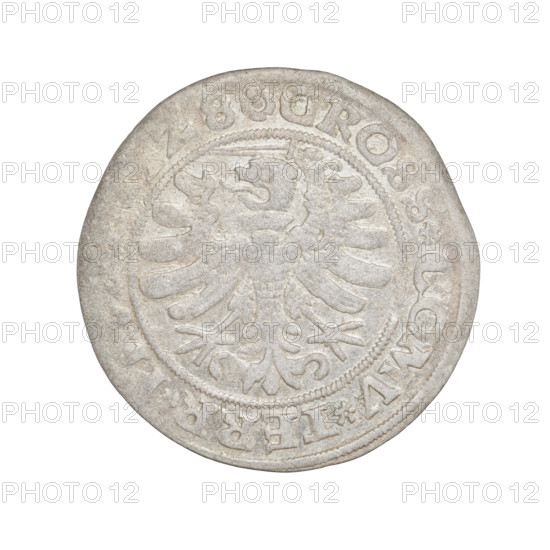 Prussian grosz, Sigismund I the Old (King of Poland; 1506–1548), 1528, Torun, Poland. Obverse: Crowned royal bust of Sigismund I in profile facing right, rim inscription IGIS.I.REX.PO.DO.TOCI between pearl borders. Reverse: The Eagle of Royal Prussia, rim inscription .GROSS.COMV.TERR. between pearl borders. Subjects/emblems: eagles, Jagiellonian dynasty, emblems, Eagle (emblem), male/royal bust; iconography of Sigismund I the Old.