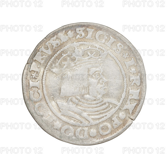 Prussian grosz, Sigismund I the Old (King of Poland; 1506–1548). Obverse: Crowned male bust in profile turned to the right, in the rim between pearly borders an inscription: .SIGIS.I.REX.PO.DO.TOCI.PRVSS Rw. Reverse: The Eagle of Royal Prussia, in the rim between the pearl borders the inscription: .GROSS.CO, .TERR.PRVSS. 1528, Torun, Poland. Subjects/emblems: eagles, Polish coins, Jagiellonians (dynasty), emblems, Eagle (emblem), male/royal bust, Sigismund I the Old — iconography.