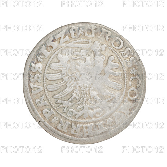 Prussian grosz, Sigismund I the Old (King of Poland; 1506–1548). Obverse: Crowned male bust in profile turned to the right, in the rim between pearly borders an inscription: .SIGIS.I.REX.PO.DO.TOCI.PRVSS Rv: The Eagle of Royal Prussia, in the rim between the pearl borders the inscription: .GROSS.CO, .TERR.PRVSS. 1528, Torun, Poland. Subjects/themes: eagles, Polish coins, Jagiellonians (dynasty), emblems, Eagle (emblem), male/royal bust, iconography of Sigismund I the Old. Materials/function: coin.