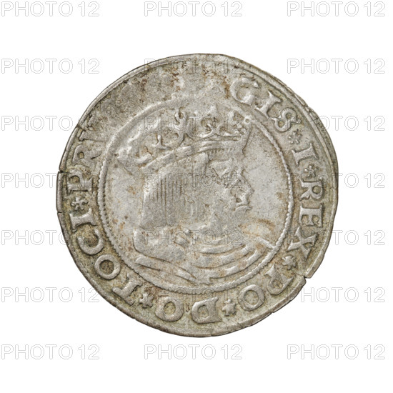 Prussian grosz, Sigismund I the Old (King of Poland; 1506–1548). Obverse: crowned male bust in profile facing right; legend in rim between pearl borders: GIS.I.REX.PO.DO.TOCI.PR. Reverse: the Eagle of Royal Prussia; legend in rim between pearl borders: .GROSS.COMV.TERR.; date 1529. Torun, Poland.