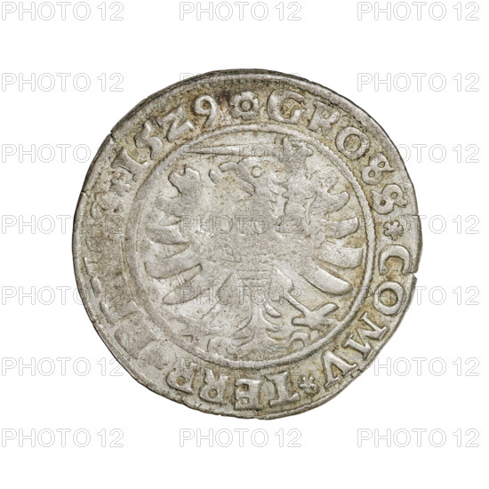 Prussian grosz, Sigismund I the Old (King of Poland; 1506–1548); 1529; Torun, Poland. Obverse: Crowned male bust in profile turned to the right, in the rim between pearl borders an inscription: GIS.I.REX.PO.DO.TOCI.PR. Reverse: The Eagle of Royal Prussia, in the rim between the pearl borders the inscription: GROSS.COMV.TERR. 15Z9. Subjects/emblems: eagles, Polish coins, Jagiellonian dynasty, emblems, Eagle (emblem), male/royal bust; iconography of Sigismund I the Old (1467–1548). Materials/function: coin.
