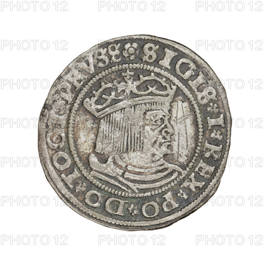 Prussian grosz, Sigismund I the Old (King of Poland; 1506–1548); obverse: crowned male bust in profile turned to the right, inscription in rim between pearly borders: .SIGIS.I.REX.PO.DO.TOCI.PRVSS Rw.; reverse: the Eagle of Royal Prussia, inscription in rim between pearl borders: .GROSS.COMV.TERR.PRVSS. 1529, Torun, Poland; coin.