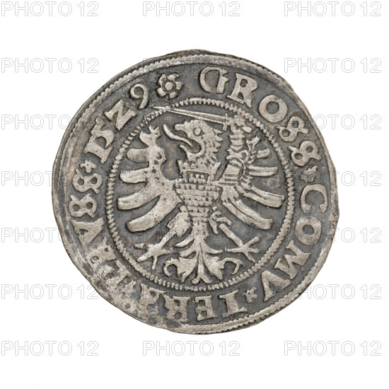 Prussian grosz, Sigismund I the Old (King of Poland; 1506–1548); 1529; Torun, Poland. Obverse: Crowned male bust in profile turned to the right; in the rim between pearly borders an inscription: .SIGIS.I.REX.PO.DO.TOCI.PRVSSRw. Reverse: The Eagle of Royal Prussia; in the rim between the pearl borders the inscription: .GROSS.COMV.TERR.PRVSS.15Z9. Themes: eagles, Polish coins, Jagiellonians dynasty, emblems, Eagle (emblem), male/royal bust, Sigismund I the Old — iconography. Materials/function: coin.