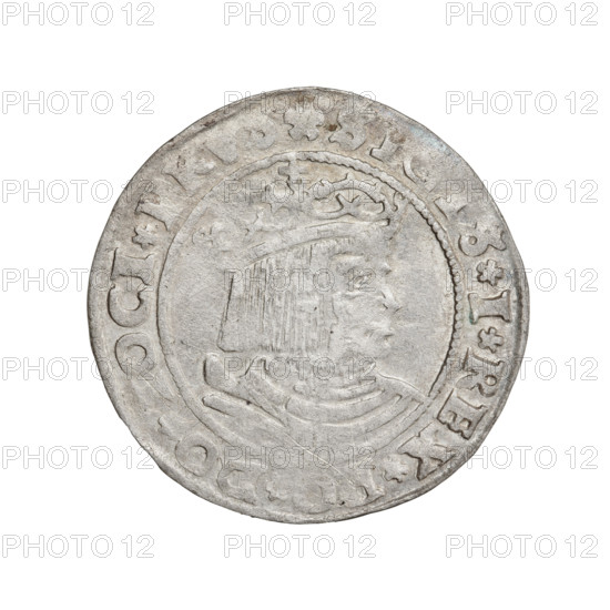 Prussian grosz, Sigismund I the Old (King of Poland; 1506–1548), 1529, Torun, Poland; obverse: crowned male bust in profile turned to the right, rim between pearl borders with inscription 'S. SIREX. .DO, OCI.PRVS' and 'Rw.'; reverse: the Eagle of Royal Prussia, rim between pearl borders with inscription '.GROSS.COMV, RR.PRVS.15Z9'; coin; emblems include eagles; style/iconography references: Jagiellonian dynasty, royal bust, male bust, Sigismund I the Old iconography.