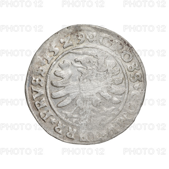 Prussian grosz, 1529, Torun, Poland. Obverse: crowned male bust in profile turned to the right; in the rim between pearl borders an inscription: S SIREX .DO OCI.PRVS Rw. Reverse: Eagle of Royal Prussia; in the rim between the pearl borders the inscription: GROSS COMV RR.PRVS.15Z9. Depicts Sigismund I the Old (King of Poland, 1506–1548); iconography includes royal bust, eagles, emblems, and Jagiellonian dynasty motifs. Coin, Polish, silver.