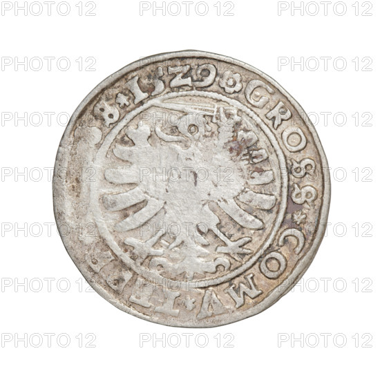 Prussian grosz, Sigismund I the Old (King of Poland; 1506–1548); obverse: crowned male bust in profile turned right, rim inscription: .SI, PO.DO.TOCI.PRVSS; reverse: the Eagle of Royal Prussia, rim inscription: .GROSS.COMV.TERR; dated 1529; Torun, Poland; coin.