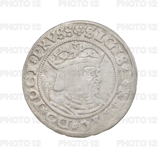 Prussian grosz, Sigismund I the Old (King of Poland; 1506–1548). Obverse: Crowned male bust in profile turned to the right; rim inscription: .SIGIS.I.RE, .DO.TOCI.PRVSS. Reverse: The Eagle of Royal Prussia; rim inscription: .GROSS.TERR., OMV.PR, .15Z9. Date: 1529. Mint: Torun, Poland. Iconography: royal bust, coats of arms, eagle (coat of arms); Jagiellonian dynasty.