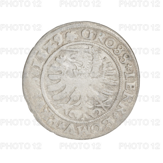 Prussian grosz, Sigismund I the Old (King of Poland; 1506–1548). Obverse: Crowned male bust in profile turned to the right; in the rim between pearly borders an inscription: .SIGIS.I.RE, .DO.TOCI.PRVSS. Reverse: The Eagle of Royal Prussia; in the rim between the pearl borders the inscription: .GROSS.TERR., OMV.PR, .15Z9. Date: 1529. Torun, Poland. Material: coin. Subjects/themes: Jagiellonians (dynasty), coats of arms, Eagle (coat of arms), male/royal bust; iconography of Sigismund I the Old.