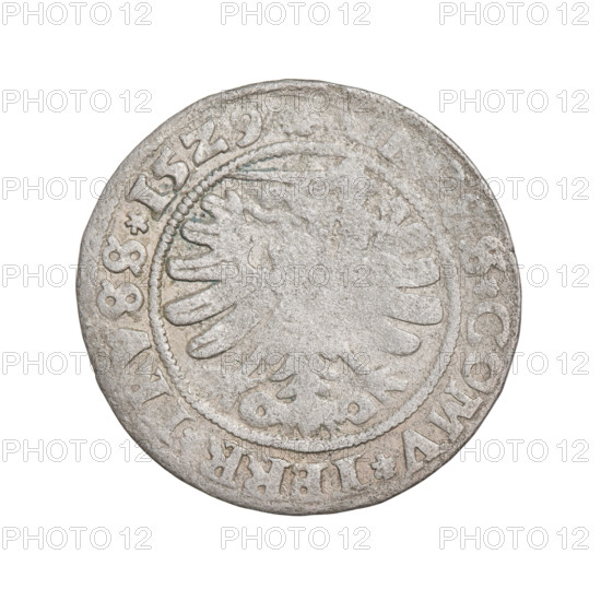 Prussian grosz, Sigismund I the Old (King of Poland; 1506–1548). Obverse: Crowned male bust in profile turned to the right; rim inscription: .SIGIS.I.REX.PO.DO.TO. Reverse: The Eagle of Royal Prussia; rim inscription: SS.COMV.TERR., RVSS. 1529. Torun, Poland. Subjects/emblems: eagles, Polish coins, Jagiellonian dynasty, emblems, Eagle (emblem), male/royal bust; iconography of Sigismund I the Old. Materials/function: coin.