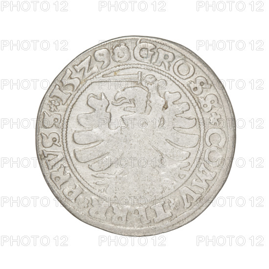 Prussian grosz, Sigismund I the Old (King of Poland; 1506–1548). Obverse: Crowned male bust in profile turned to the right; in the rim between the pearl borders an inscription: .SIGIS.I.REX.PO.DO.TOCI.PRVSS Rw. Reverse: The Eagle of Royal Prussia; in the rim between the pearl borders the inscription: .GROSS.COMV.TERR.PRVSS. 1529. Torun, Poland. Coin. Coats of arms; eagles; Jagiellonians (dynasty); royal bust; male busts; iconography of Sigismund I the Old.