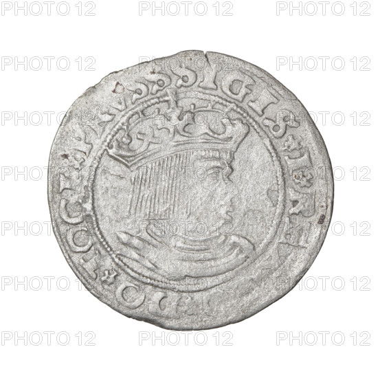 Prussian grosz, Sigismund I the Old (King of Poland; 1506–1548); 1529; Torun, Poland. Obverse: Crowned male bust in profile turned to the right, in the rim between pearl borders an inscription: SIGIS.IR, DO.TOCI., SS Rw. Reverse: The Eagle of Royal Prussia; in the rim between the pearl borders the inscription: G, OMV.TERR., .15Z9. Subjects/attributes: eagles, Polish coins, Jagiellonians (dynasty), emblems, Eagle (emblem), male busts, royal bust, Sigismund I the Old — iconography; coin; material: presumed silver.