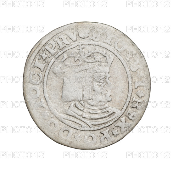 Prussian grosz, Sigismund I the Old (King of Poland; 1506–1548); 1529, Torun, Poland. Obverse: Crowned male bust in profile turned to the right; in the rim between pearly borders an inscription: .SIG, .I.REX.PO.DO., OCI.PRV Rw. Reverse: The Eagle of Royal Prussia; in the rim between the pearl borders the inscription: GR, SS.COMV, .PRVSS.15Z9. Subjects/emblems: eagles, Jagiellonian dynasty, emblems, Eagle (emblem), male/royal bust; iconography of Sigismund I the Old. Material: coin.
