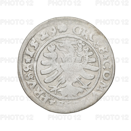 Prussian grosz, Sigismund I the Old (King of Poland; 1506–1548). Obverse: Crowned royal bust in profile turned to the right; in the rim between pearly borders an inscription: .SIG, .I.REX.PO.DO., OCI.PRV Rw. Reverse: The Eagle of Royal Prussia; in the rim between the pearl borders the inscription: GR, SS.COMV, .PRVSS.15Z9. 1529, Torun, Poland.