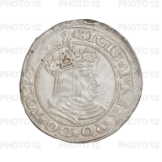 Prussian grosz, Sigismund I the Old (King of Poland; 1506–1548); obverse: crowned male bust in profile turned right with rim inscription .SIGIS.I.REX.PO.DO.TOCI.S; reverse: the Eagle of Royal Prussia with rim inscription R.PRVSS.15Z9; dated 1529, Torun, Poland; Polish coin, Jagiellonian dynasty, emblems, eagle emblem, royal bust, iconography.