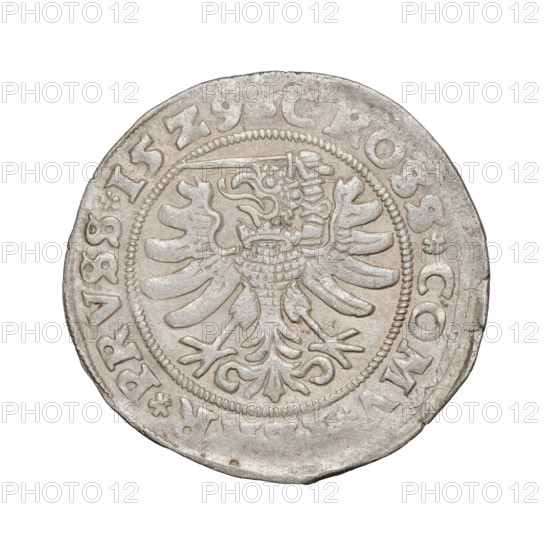 Prussian grosz, Sigismund I the Old (King of Poland; 1506–1548). Obverse: Crowned male bust in profile turned to the right; in the rim between pearl borders an inscription: .SIGIS.I.REX.PO.DO.TOCI.S Rw. Reverse: The Eagle of Royal Prussia; in the rim between the pearl borders the inscription: R.PRVSS.15Z9. Dated 1529, Torun, Poland. Subjects/emblems: eagles, Polish coins, Jagiellonian dynasty, emblems, Eagle (emblem), male/royal bust; iconography of Sigismund I the Old (1467–1548). coin
