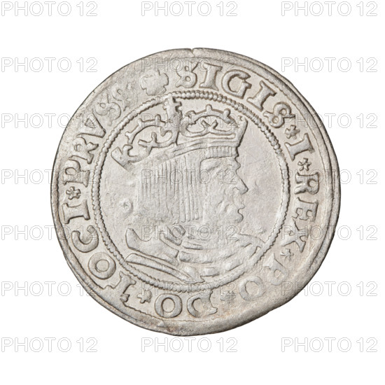 Prussian grosz, Sigismund I the Old (King of Poland; 1506–1548). Obverse: Crowned male bust in profile turned to the right; in the rim between pearl borders an inscription: .SIGIS.I.REX.PO.DO.TOCI.PRVS. Reverse: The Eagle of Royal Prussia; in the rim between the pearl borders the inscription: GROS.OMV.TERR.PRVSS.15Z9. Dated 1529, Torun, Poland. Subjects/emblems: eagles, Jagiellonian dynasty, royal bust, male bust, iconography of Sigismund I. Materials/function: coin.