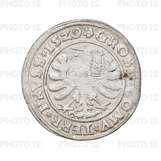 Prussian grosz, Sigismund I the Old (King of Poland; 1506–1548). Obverse: Crowned male bust in profile turned to the right; in the rim between pearl borders inscribed '.SIGIS.I.REX.PO.DO.TOCI.PRVS'. Reverse: The Eagle of Royal Prussia; in the rim between the pearl borders inscribed 'GROS.OMV.TERR.PRVSS.15Z9'. Dated 1529, struck in Torun, Poland. Subjects/emblems: eagles, Jagiellonian dynasty, royal bust, male bust; materials and form: coin.