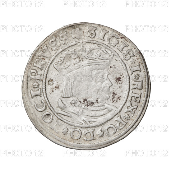 Prussian grosz, Sigismund I the Old (King of Poland; 1506–1548). Obverse: Crowned male bust in profile turned to the right, with rim inscription: .SIGIS.I.REX.PO.DO.TOCI.PRVSS Rw. Reverse: The Eagle of Royal Prussia, with rim inscription: .GROSS.COMV.TERR., RVSS. 1529. Dated 1529, Torun, Poland.