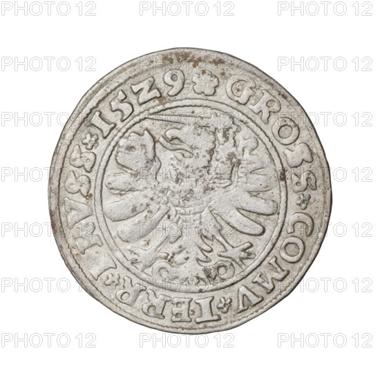 Prussian grosz, Sigismund I the Old (King of Poland; 1506–1548); obverse: crowned male bust in profile turned to the right, rim inscription: .SIGIS.I.REX.PO.DO.TOCI.PRVSS Rw.; reverse: the Eagle of Royal Prussia, rim inscription: .GROSS.COMV.TERR., RVSS.15Z9; dated 1529, Torun, Poland; coin; iconography includes eagles, royal/male bust, Jagiellonian dynasty emblems.