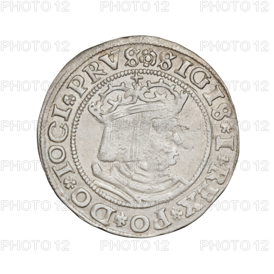Prussian grosz, Sigismund I the Old (King of Poland; 1506–1548), eagles, Polish coins, Jagiellonians (dynasty), emblems, Eagle (emblem), male busts, royal bust, Sigismund I the Old (King of Poland; 1467–1548) - iconography. Obv.: Crowned male bust in profile turned to the right; in the rim between pearl borders an inscription: .SIGIS.I.REX.PO.DO.TOCI.PRVS. Rev.: The Eagle of Royal Prussia; in the rim between the pearl borders the inscription: .GROSS.COMV.TERR.PRVSS.15Z9. 1529, Torun, Poland, coin.