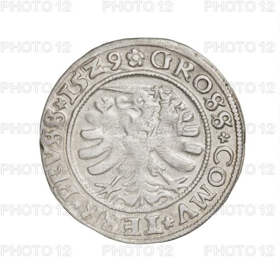 Prussian grosz, Sigismund I the Old (King of Poland; 1506–1548). Obverse: Crowned male bust in profile turned to the right; in the rim between pearl borders an inscription: .SIGIS.I.REX.PO.DO.TOCI.PRVS. Reverse: The Eagle of Royal Prussia; in the rim between the pearl borders the inscription: .GROSS.COMV.TERR.PRVSS.15Z9. 1529, Torun, Poland. Subjects/emblems: eagles, Polish coins, Jagiellonians (dynasty), emblems, Eagle (emblem), male/royal bust; iconography of Sigismund I the Old (1467–1548). Material: coin. Function: currency.