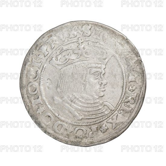 Prussian grosz, Sigismund I the Old (King of Poland; 1506–1548). Obverse: Crowned male bust in profile turned to the right, in the rim between pearly borders an inscription: .SI, .REX.PO.DO.TOCI., RVS Rw. Reverse: The Eagle of Royal Prussia, in the rim between the pearl borders the inscription: ROSS.COMV.TERR.PRVSS. Date: 1529. Place: Torun, Poland. Coin.