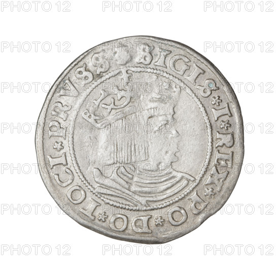 Prussian grosz, Sigismund I the Old (King of Poland; 1506–1548), 1529, Torun, Poland. Obverse: Crowned male bust in profile turned to the right; in the rim between pearly borders an inscription: .SIGIS.I.REX.PO.DO.TOCI.PRVSS Rw. Reverse: The Eagle of Royal Prussia; in the rim between the pearl borders the inscription: .GROSS.COMV.TERR.PRVSS.15Z9. Subjects/emblems: eagles, Jagiellonian dynasty, emblems, Eagle (emblem), male/royal bust; iconography of Sigismund I the Old. Materials: coin.